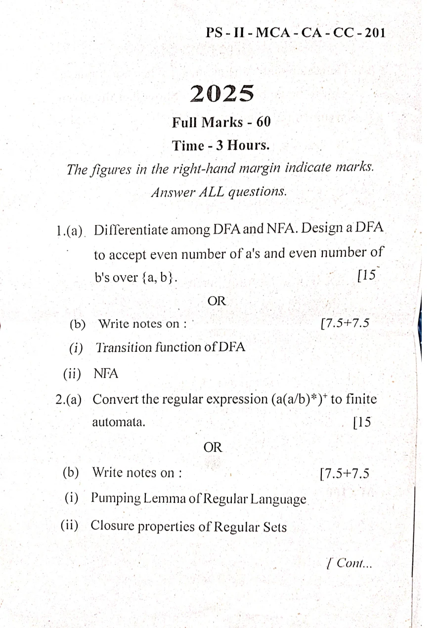 2025 Theory of Computation question paper page 1, MPC Autonomous College, Baripada