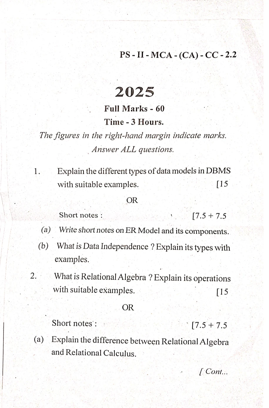 2025 Database Management Systems question paper page 1, MPC Autonomous College, Baripada