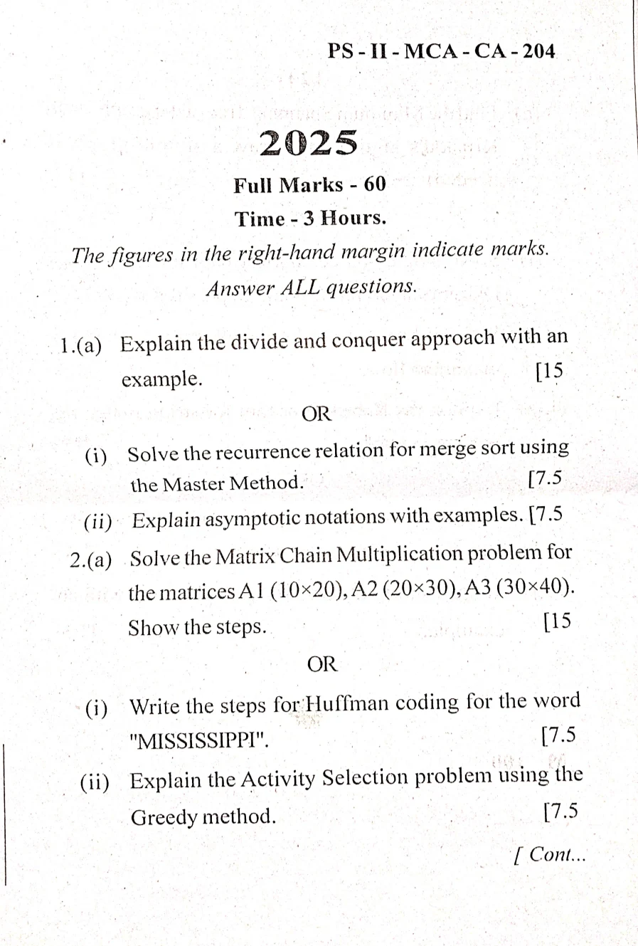 2025 Design and Analysis of Algorithms question paper page 1, MPC Autonomous College, Baripada