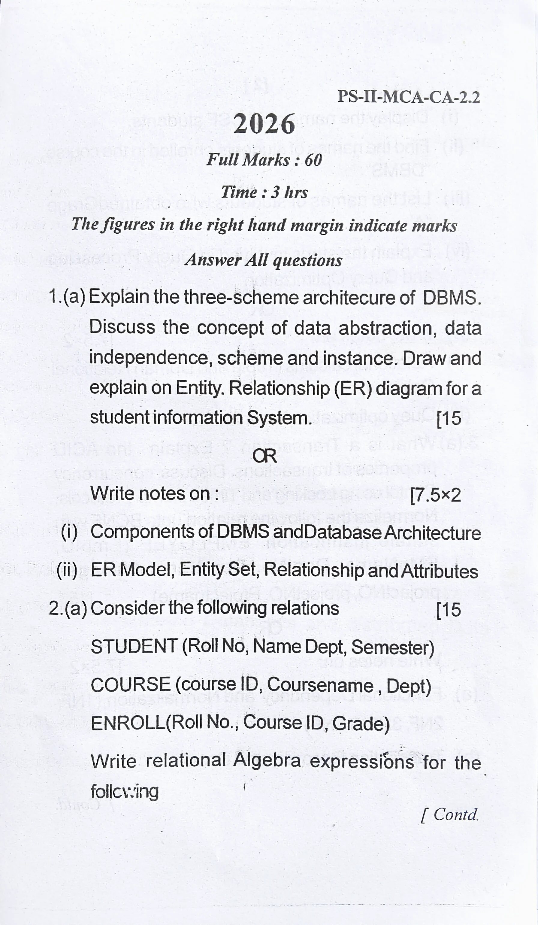 2026 Database Management Systems question paper page 1, MPC Autonomous College, Baripada