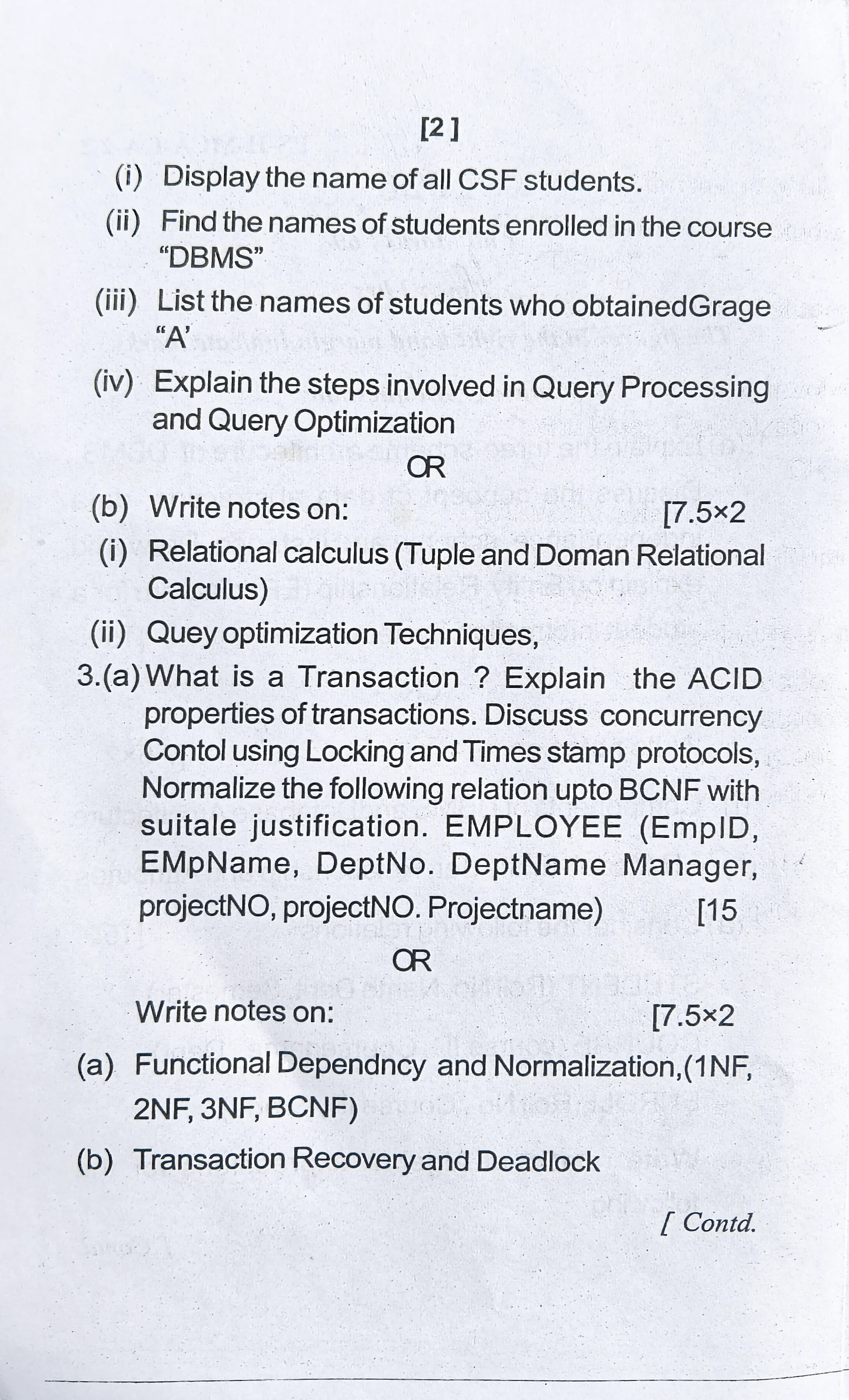 2026 Database Management Systems question paper page 2, MPC Autonomous College, Baripada