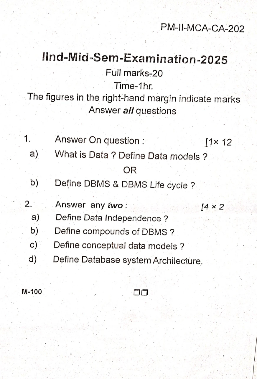 2025 Database Management Systems question paper page 1, MPC Autonomous College, Baripada
