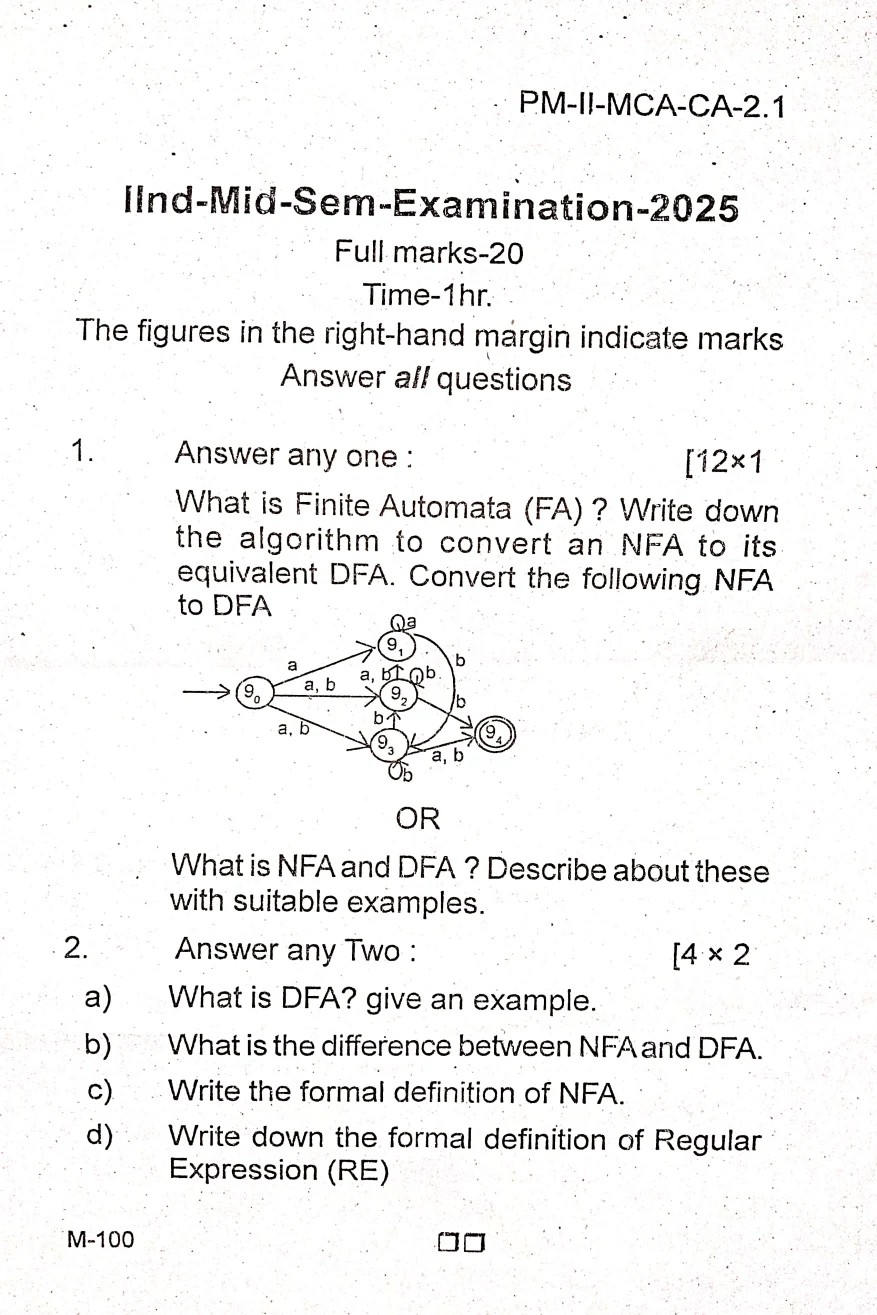 2025 Theory of Computation question paper page 1, MPC Autonomous College, Baripada