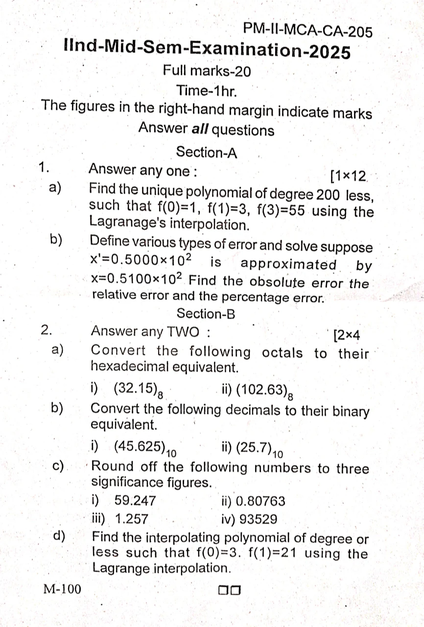 2025 Numerical Methods question paper page 1, MPC Autonomous College, Baripada
