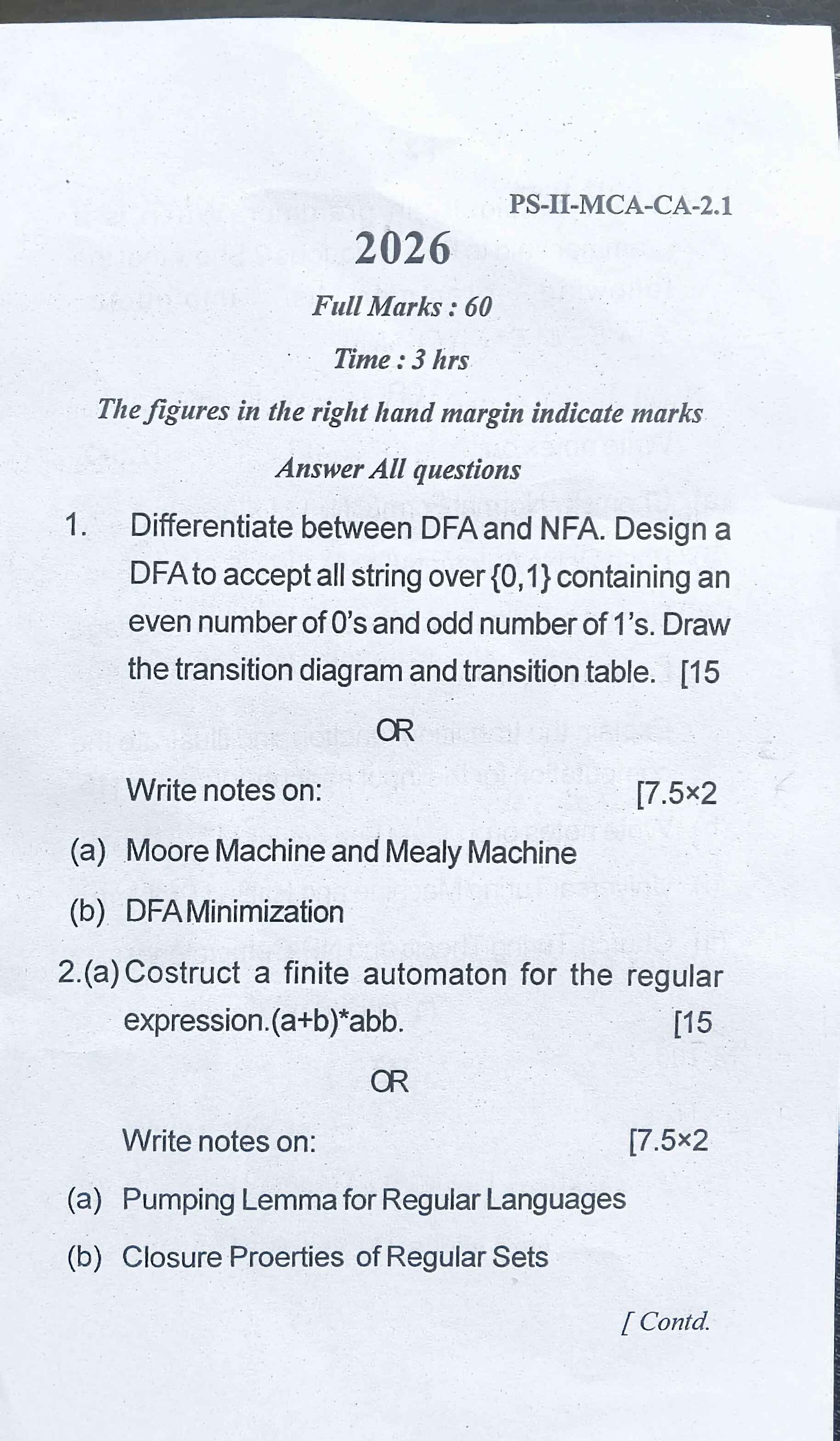 2026 Theory of Computation question paper page 1, MPC Autonomous College, Baripada