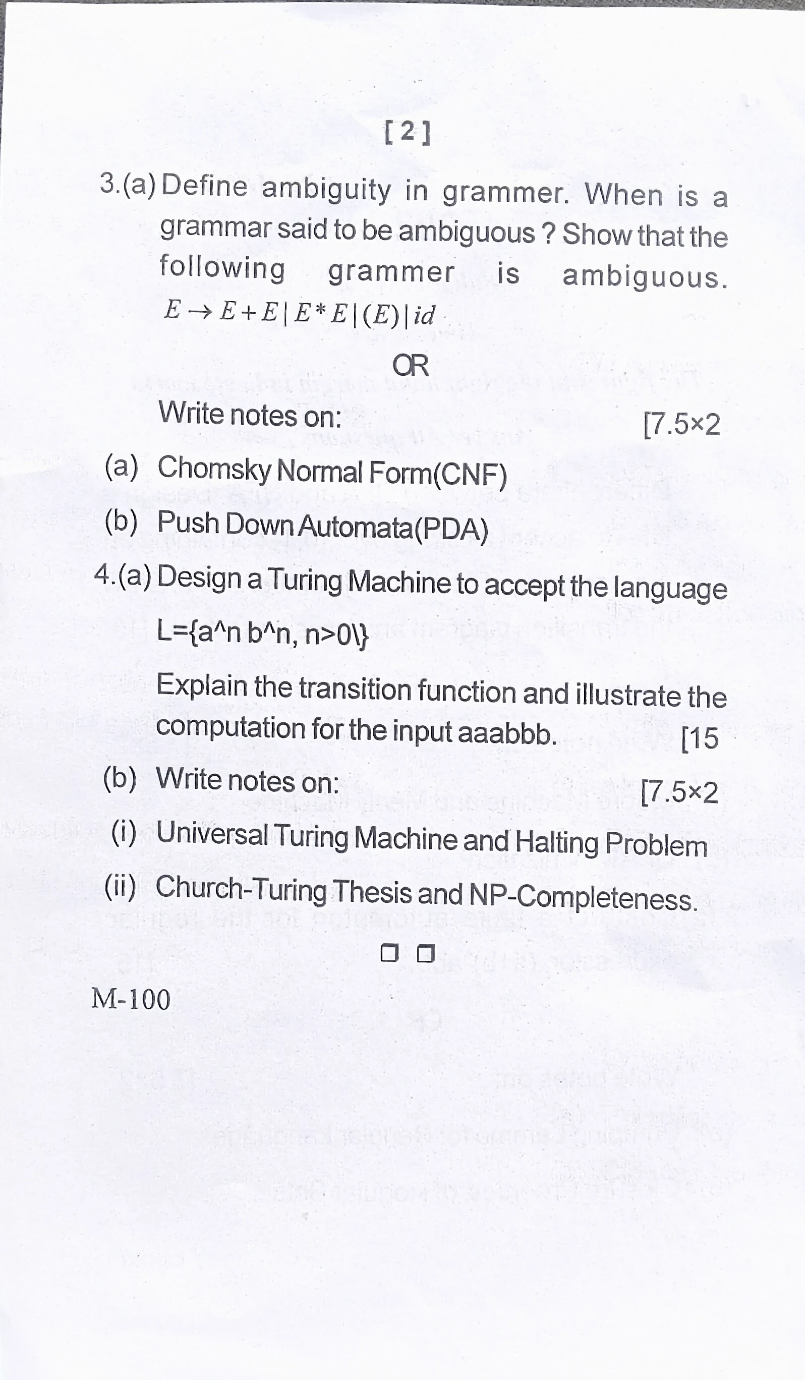 2026 Theory of Computation question paper page 2, MPC Autonomous College, Baripada