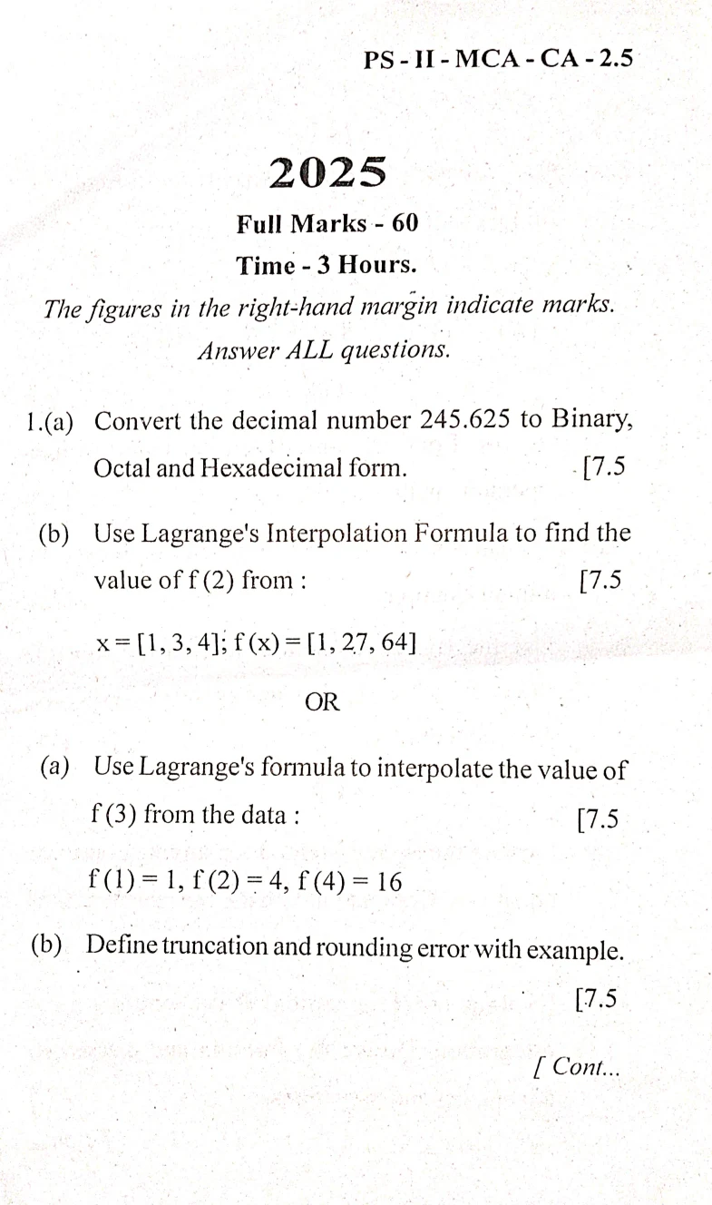 2025 Numerical Methods question paper page 1, MPC Autonomous College, Baripada