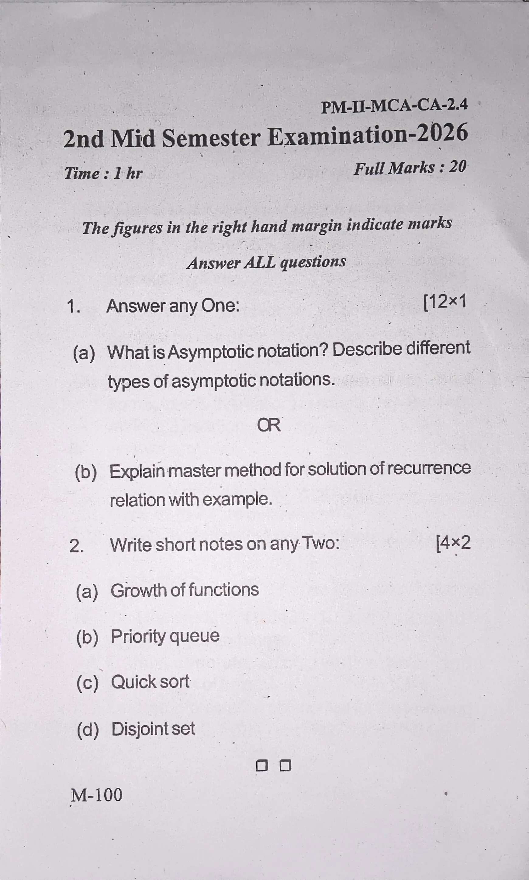2026 Design and Analysis of Algorithms question paper page 1, MPC Autonomous College, Baripada