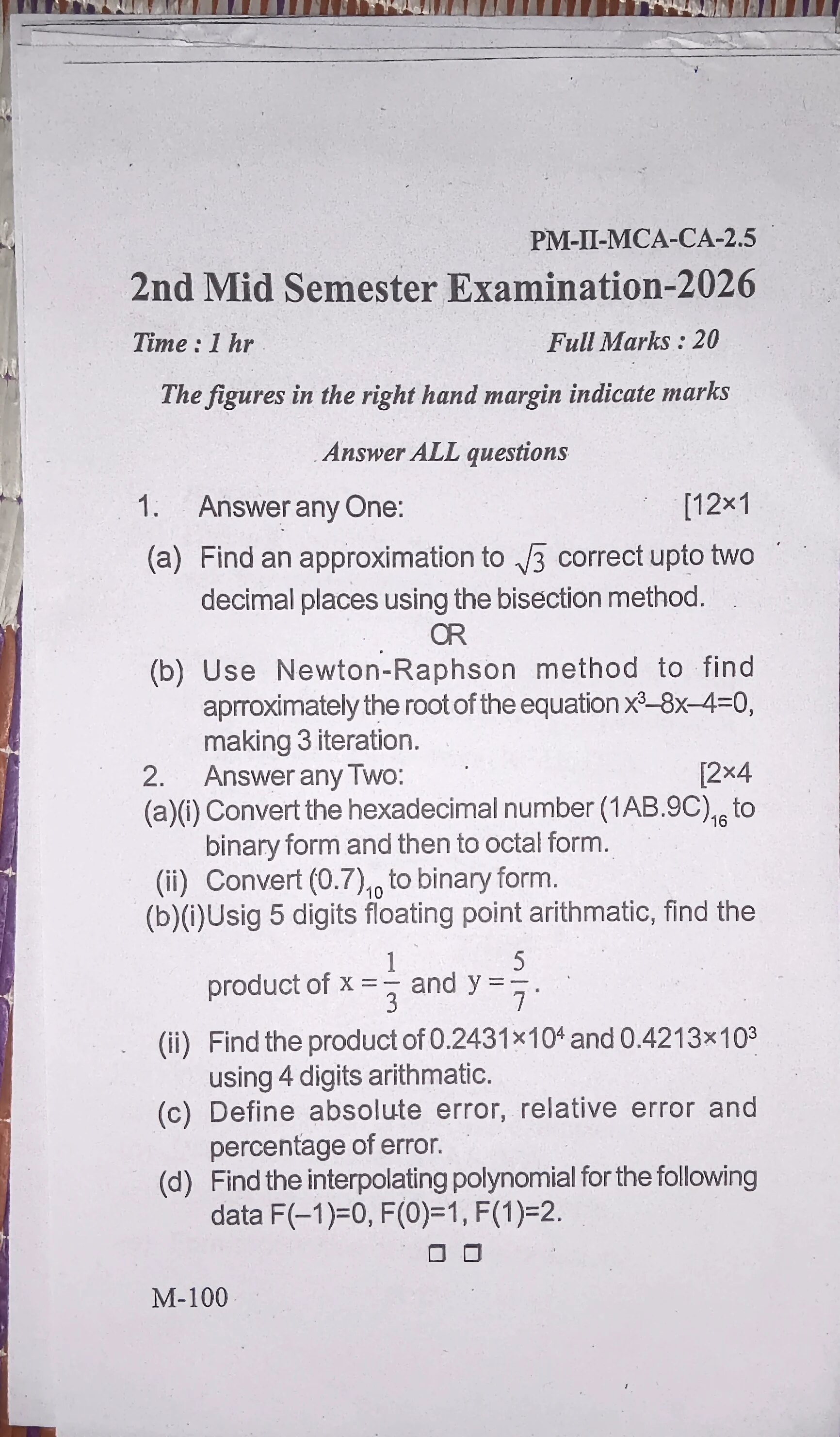 2026 Numerical Methods question paper page 1, MPC Autonomous College, Baripada