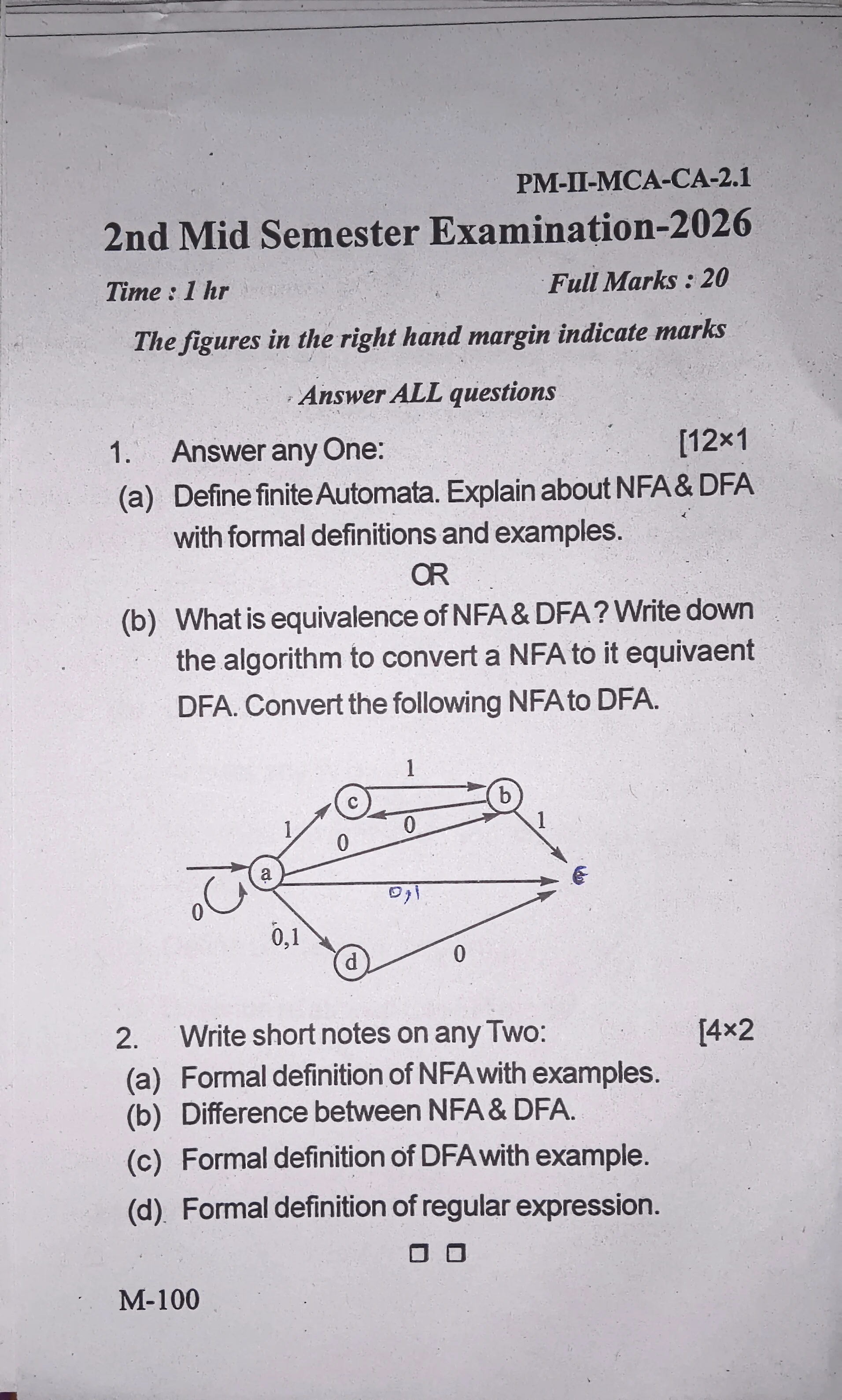 2026 Theory of Computation question paper page 1, MPC Autonomous College, Baripada
