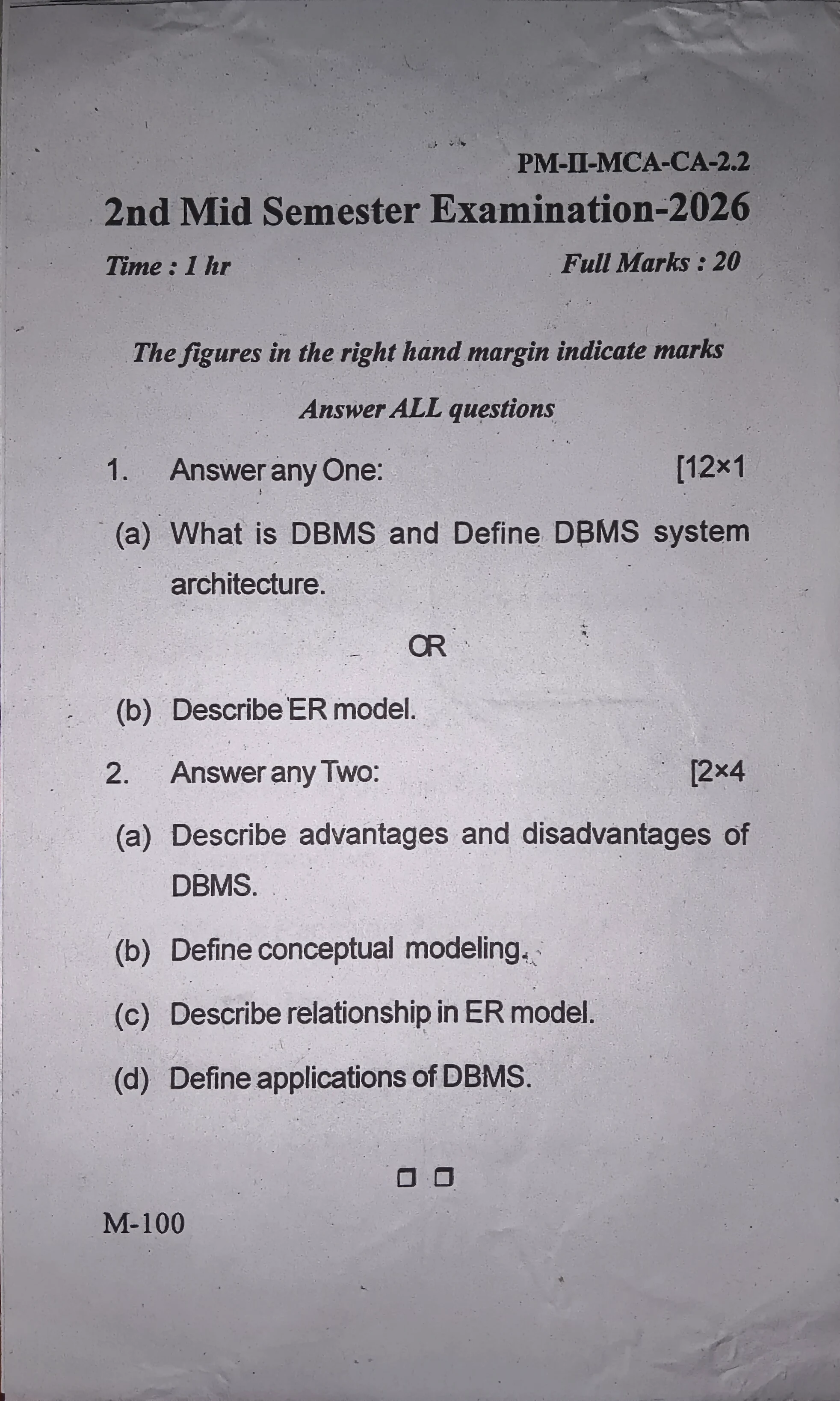 2026 Database Management Systems question paper page 1, MPC Autonomous College, Baripada