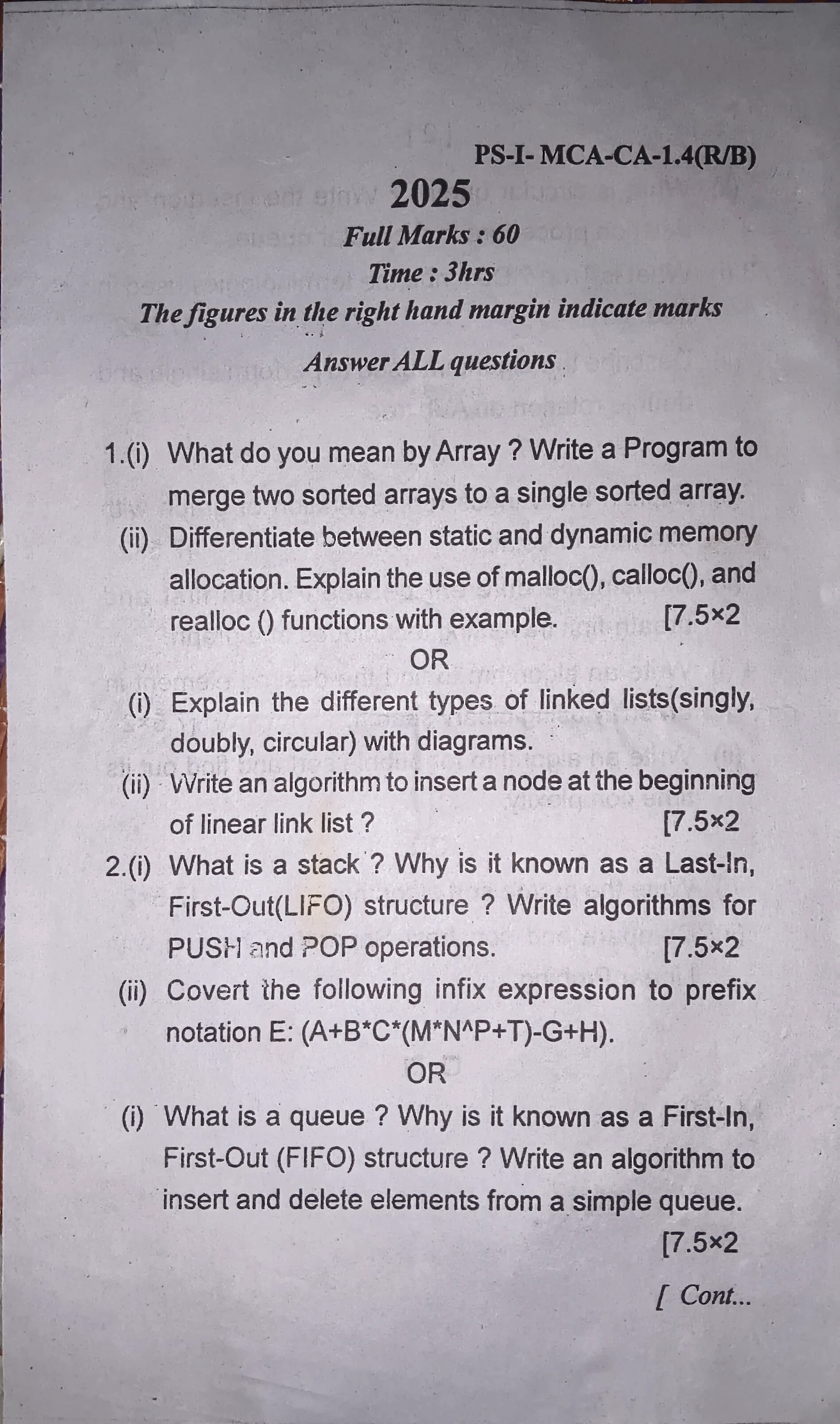 2025 Data Structures question paper page 1, MPC Autonomous College, Baripada