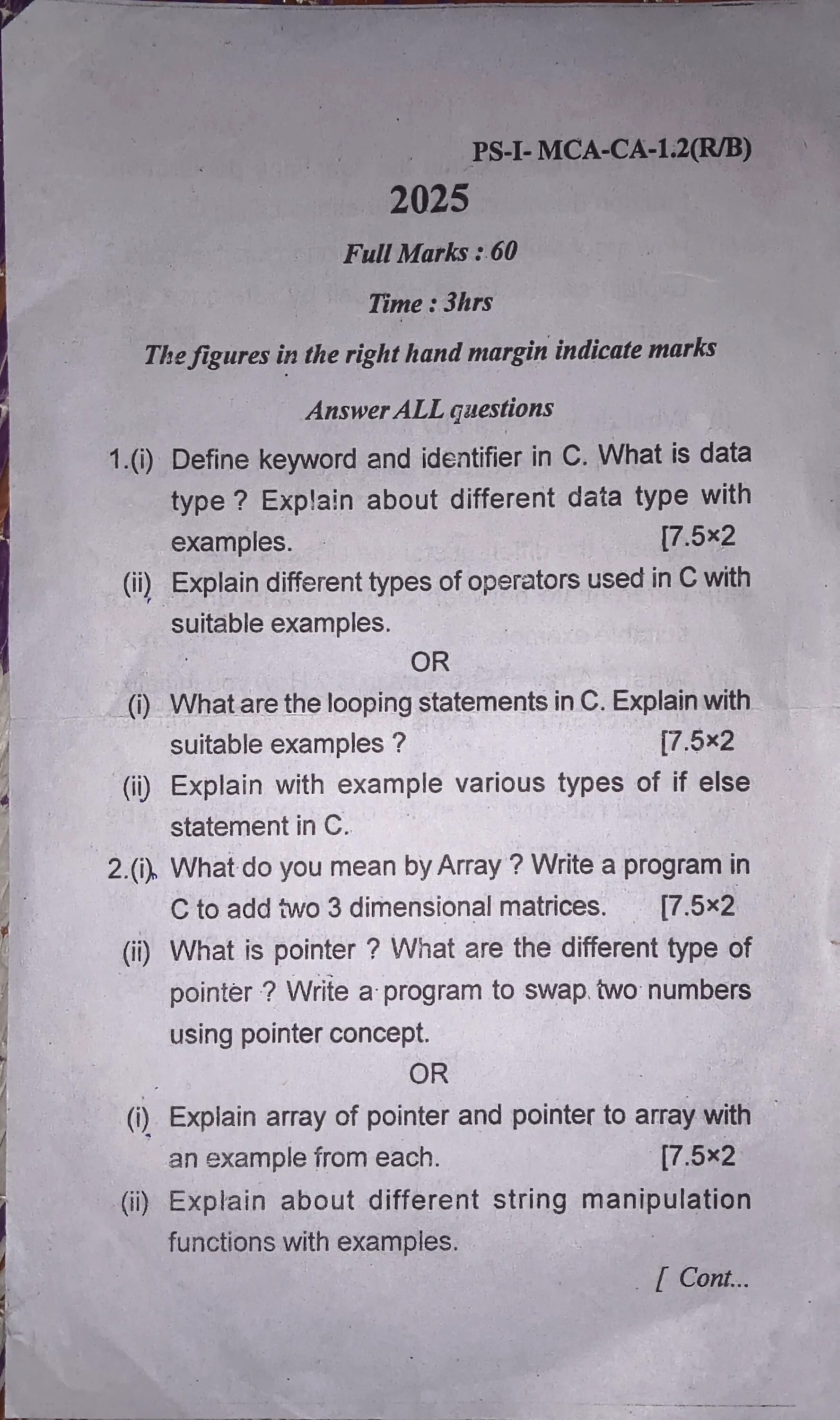 2025 Programming in C question paper page 1, MPC Autonomous College, Baripada